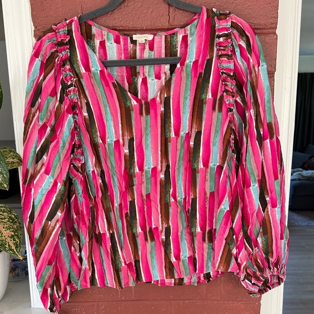 JODIFL Pink and Green Striped Blouse Large